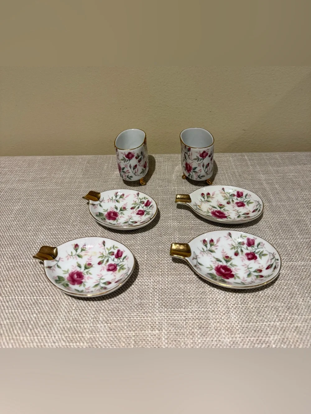 Vintage Lefton Rose Chintz Porcelain Cigarette Holder Ashtray Set 6pc